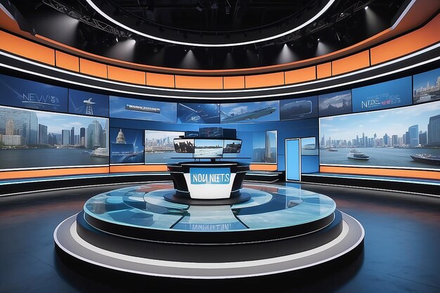 virtual news set with floating illuminated panels showcasing virtual reality recreations of news events