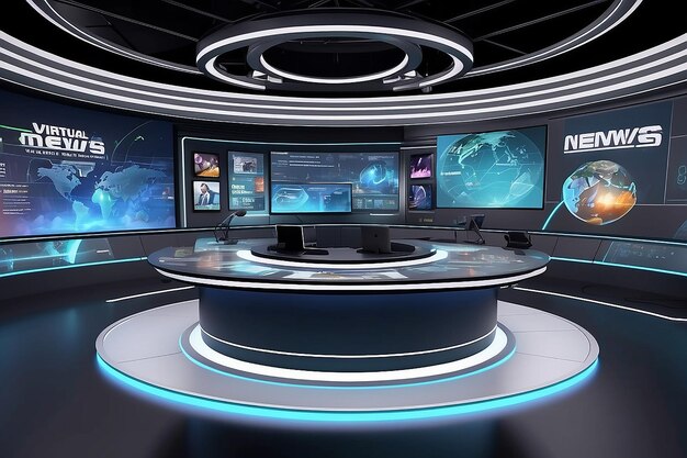 virtual news studio with a 3D virtual news desk featuring interactive holographic touchscreens