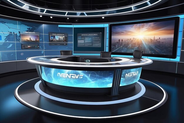 virtual news studio with a 3D virtual news desk featuring interactive holographic touchscreens