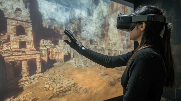 Photo virtual reality archaeologist using haptic gloves to excavate digital reconstruction of ancient city in hightech simulation room