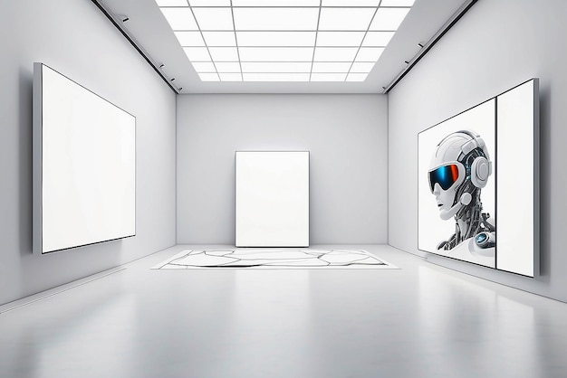 Virtual reality art auction experience in a futuristic gallery mockup with blank white empty space for placing your design