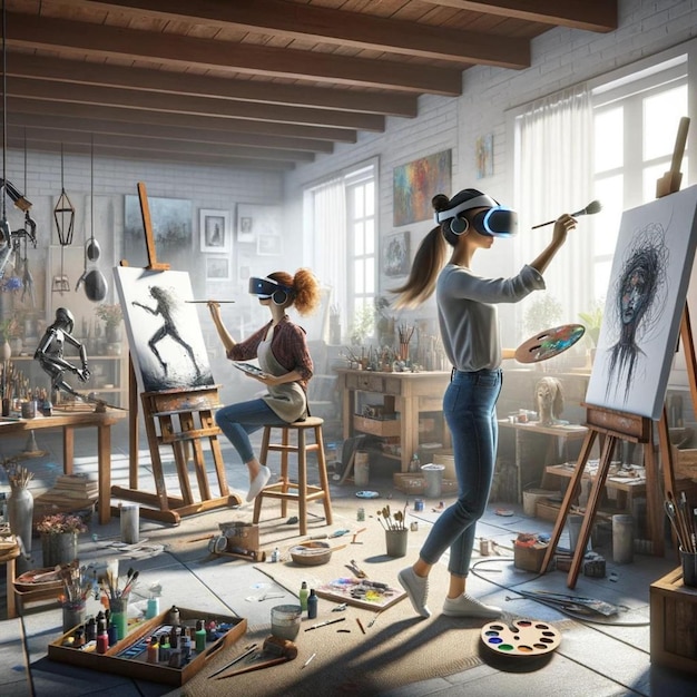 Photo virtual reality art creation artists paint in sunlit studio with vr headsets