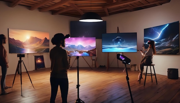 Photo a virtual reality art studio with artists creating digital masterpieces