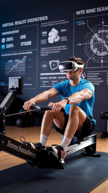 Photo virtual reality championship at home gym man exercising on row machine wearing virtual reality hea