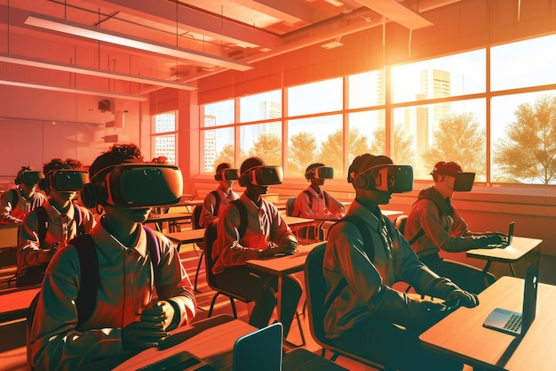 A virtual reality classroom full of students learning AI generated