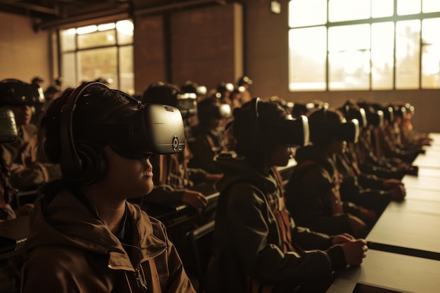 A virtual reality classroom full of students learning AI generated