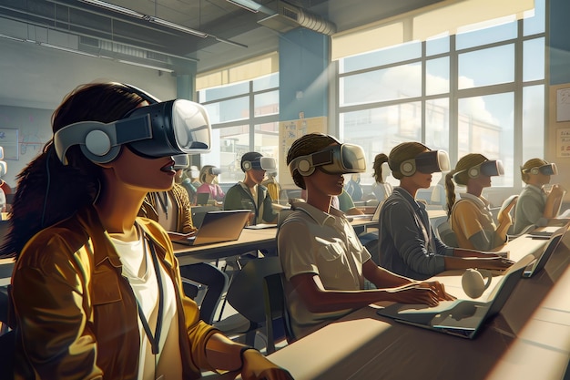 A virtual reality classroom full of students learning AI generated