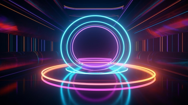 virtual reality environment neon light round portal rings circles tunnel abstract background