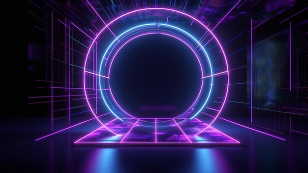 virtual reality environment neon light round portal rings circles tunnel abstract background