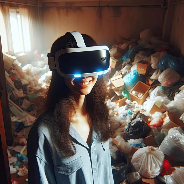 Photo virtual reality escape a woman immersed in vr amidst environmental chaos with generative ai