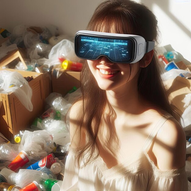 Photo virtual reality escape a woman immersed in vr amidst environmental chaos with generative ai