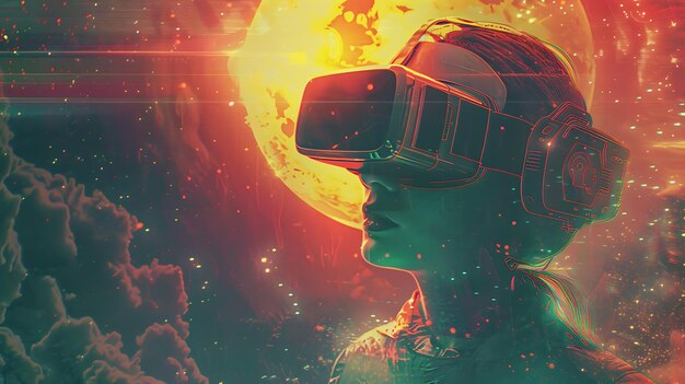 Photo virtual reality experience futuristic user with vr headset and abstract background