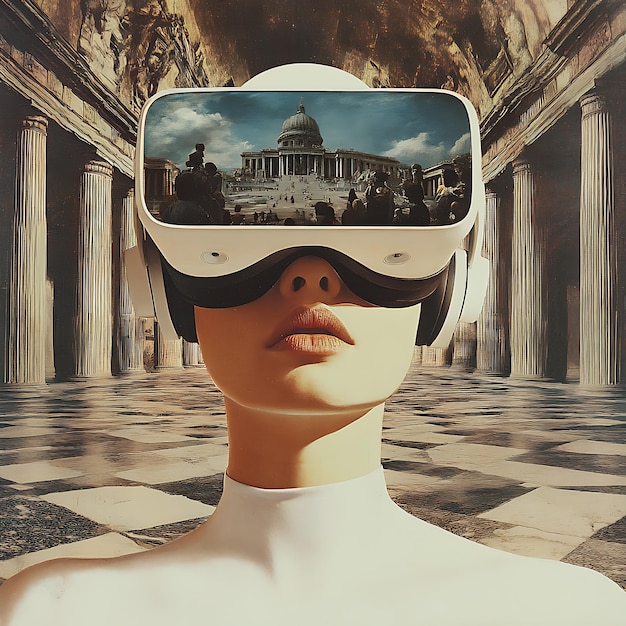 Photo virtual reality exploring ancient architecture with a vr headset