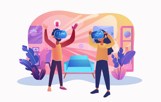 Photo virtual reality glasses scene of a couple playing a computer game with vr technology entertainment gaming industry concept illustration of human characters