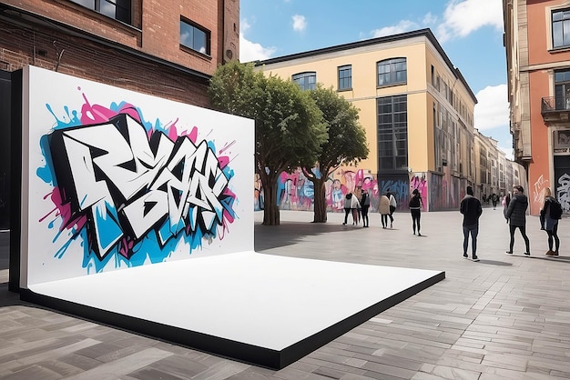 Virtual reality graffiti experience in an urban plaza mockup with blank white empty space for placing your design