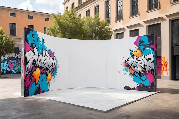 Virtual reality graffiti experience in an urban plaza mockup with blank white empty space for placing your design