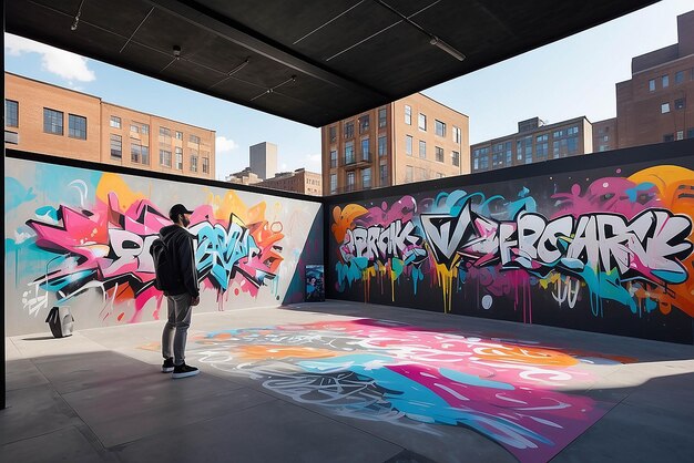 Photo virtual reality graffiti experience in an urban plaza with ar overlays and collaborative features mockup