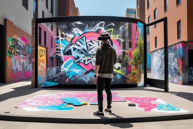 Photo virtual reality graffiti experience in an urban plaza with ar overlays and collaborative features for public interaction mockup