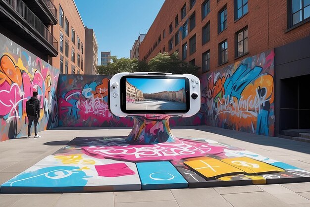 Photo virtual reality graffiti experience in an urban plaza with ar overlays mockup