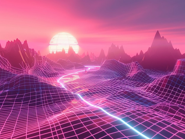 Virtual reality grid landscape 3D vector neon accents