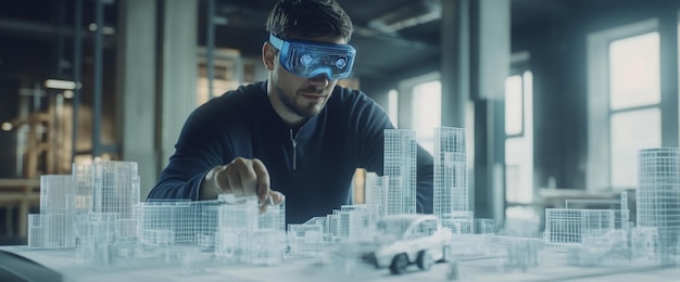 Photo in a virtual reality headset an architect looks at his house as though it were augmented in real life