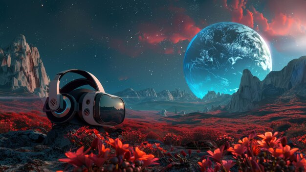 Photo a virtual reality headset sits amidst a stunning alien landscape under a cosmic sky envisioning futuristic exploration