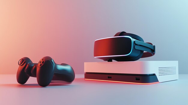 Photo a virtual reality headset with controllers sits on a blue and pink gradient background