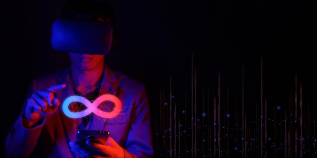 Virtual reality infinity symbol community connection of metaverse world global network technology system and abstract loop sign element on innovation digital communication