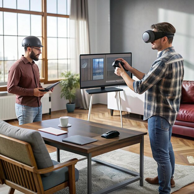 Photo virtual reality interior design medium shot people watching man play game