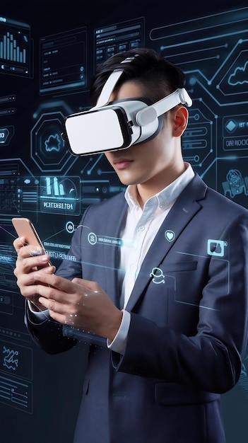 Virtual Reality Internet Interface Asian Businessman Uses Smartphone in 3D Cyberspace Environment