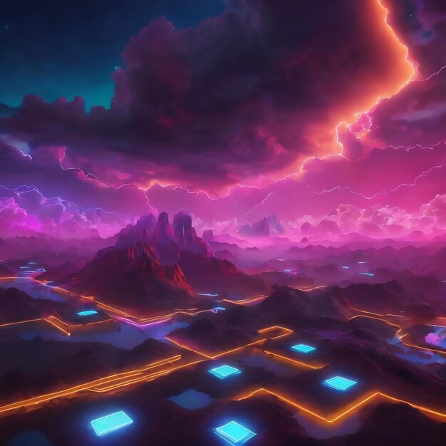 Virtual reality landscape with neon lights and cloud