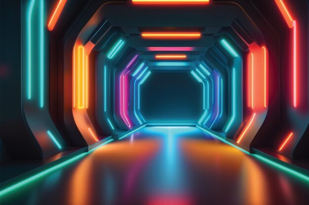 Virtual Reality Space Corridor with Fantastic Neon Tunnel and AI on Dark Multicolored Abstract Background Generative AI