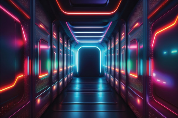 Virtual Reality Space Corridor with Fantastic Neon Tunnel and AI on Dark Multicolored Abstract Background Generative AI