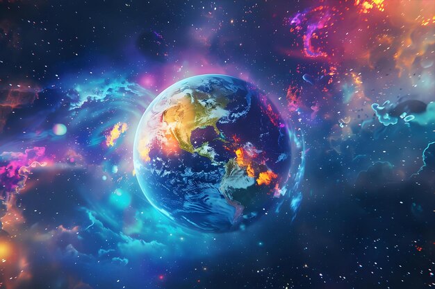 Photo virtual reality space with abstract multicolor psychedelic planet planet earth with galaxy b