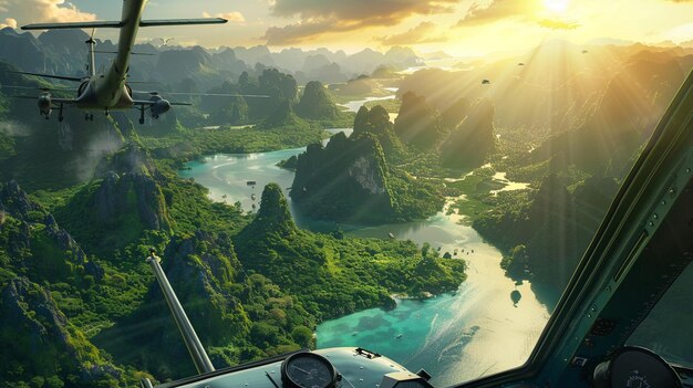 Virtual Reality Travel Experience Plane Flying Over Lush Green Valley