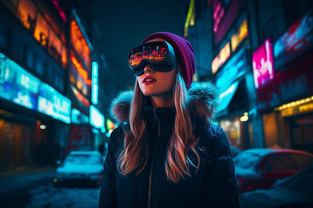 Virtual Reality Urban Adventure Young Girl Embracing Future with VR Headsets in Modern City