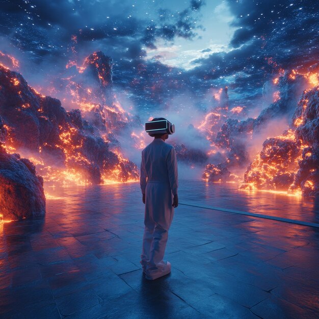 Photo virtual reality user explores alien landscape with flaming mountains