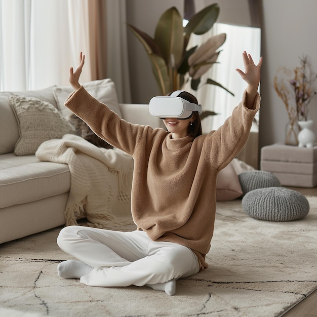 Virtual reality a woman sitting on a rug with her hands up