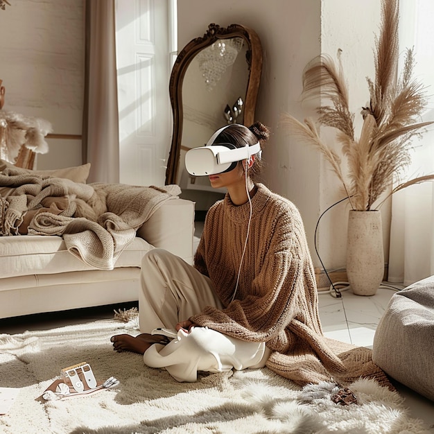 Virtual Reality a woman wearing a virtual reality headset is sitting on a carpet