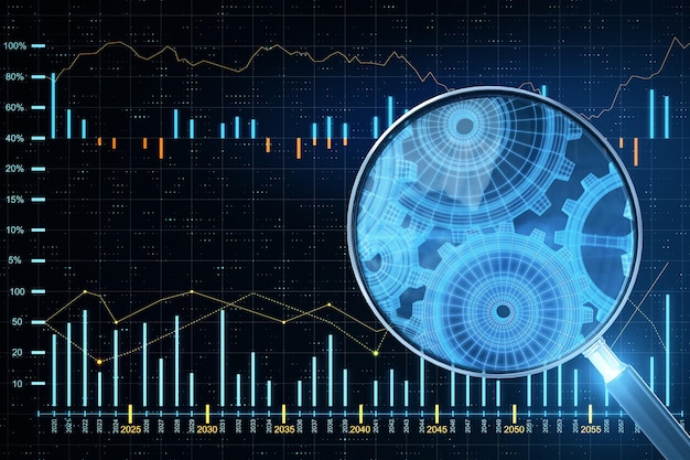 Virtual screen with business charts and magnifying glass