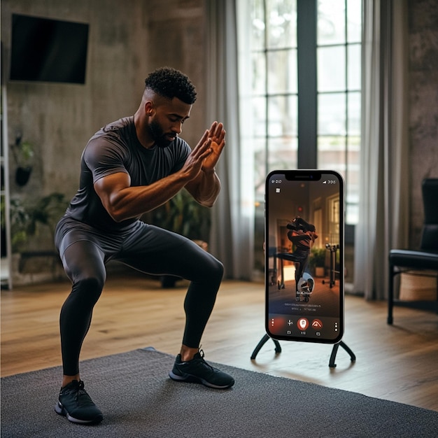 Photo a virtual trainer guiding a male through a series of warmup exercises with app prompts