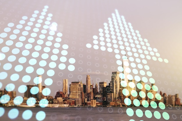 Virtual upward arrows hologram on New York cityscape background leadership and motivation concept Multiexposure