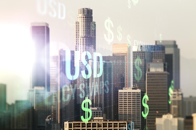 Virtual USD symbols illustration on Los Angeles skyline background Trading and currency concept Multiexposure