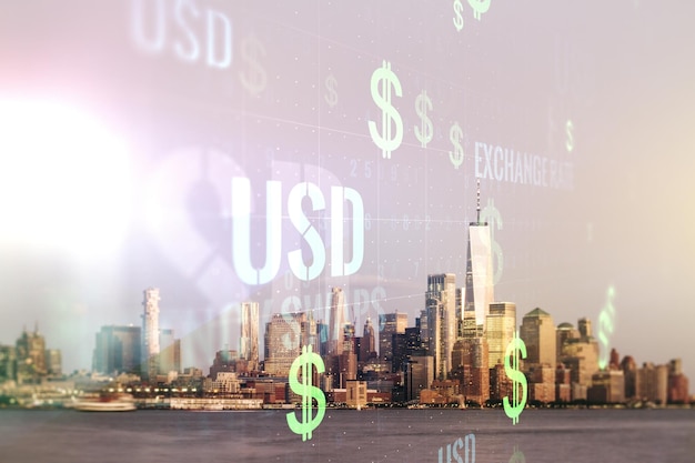 Virtual USD symbols illustration on New York city skyline background Trading and currency concept Multiexposure