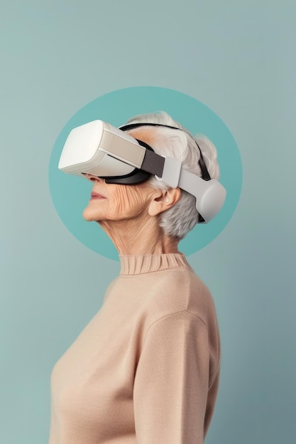 Virtual work and lifestyle scenarios for an elderly woman wearing VR glasses