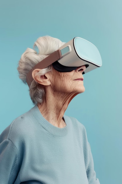 Virtual work and lifestyle scenarios for an elderly woman wearing VR glasses