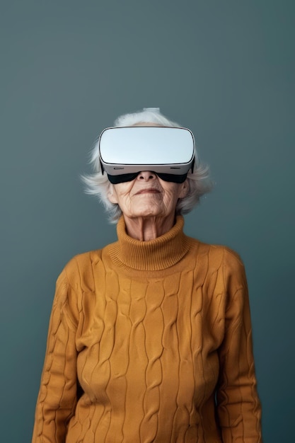 Virtual work and lifestyle scenarios for an elderly woman wearing VR glasses