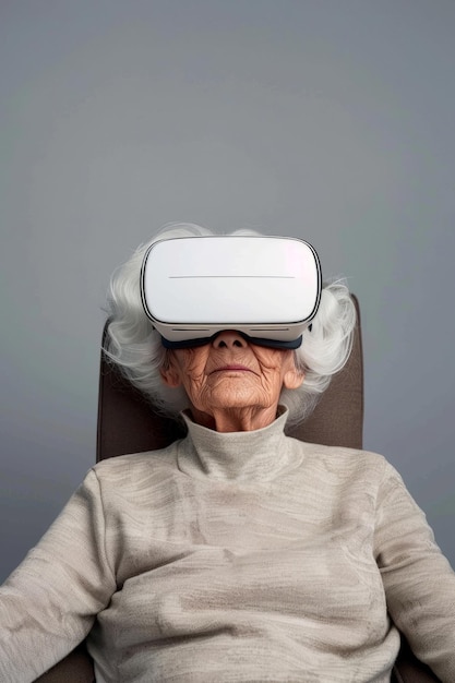 Virtual work and lifestyle scenarios for an elderly woman wearing VR glasses