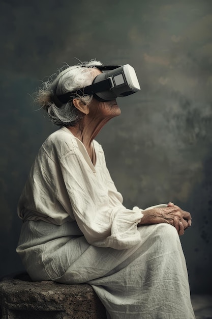 Virtual work and lifestyle scenarios for an elderly woman wearing VR glasses