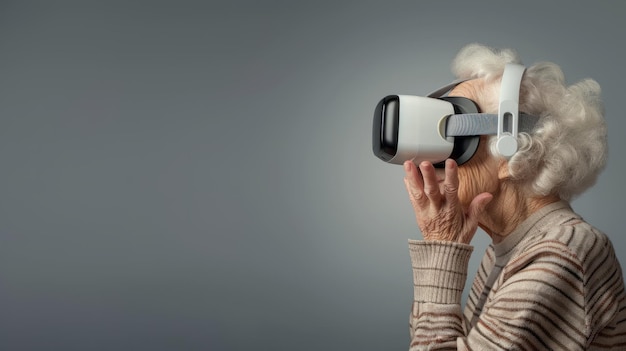 Virtual work and lifestyle scenarios for an elderly woman wearing VR glasses